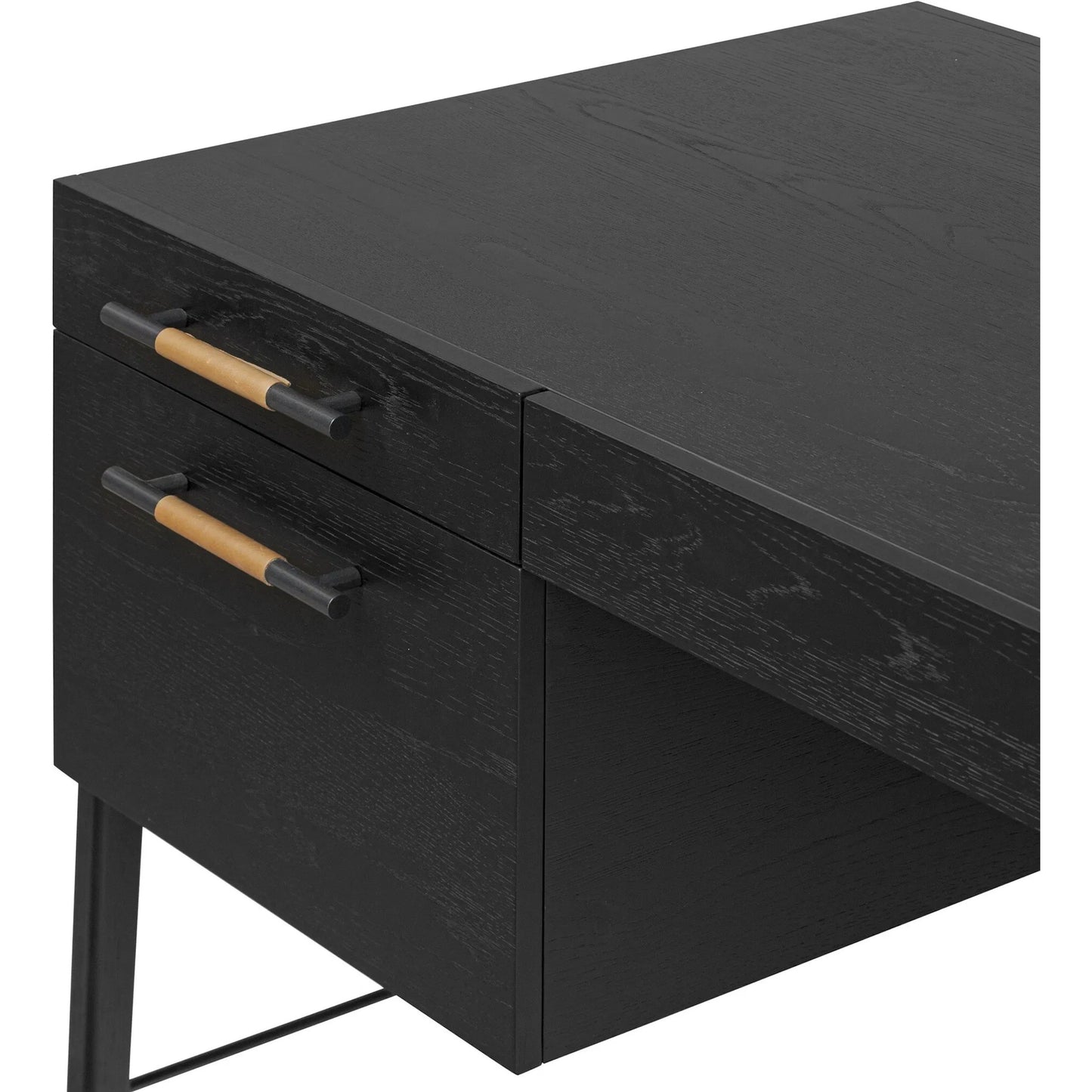 013 SI-2519284 | Closeup | Rosedale Executive Desk by Four Hands. Made from oak veneer, top grain leather, solid oak in a unique style.