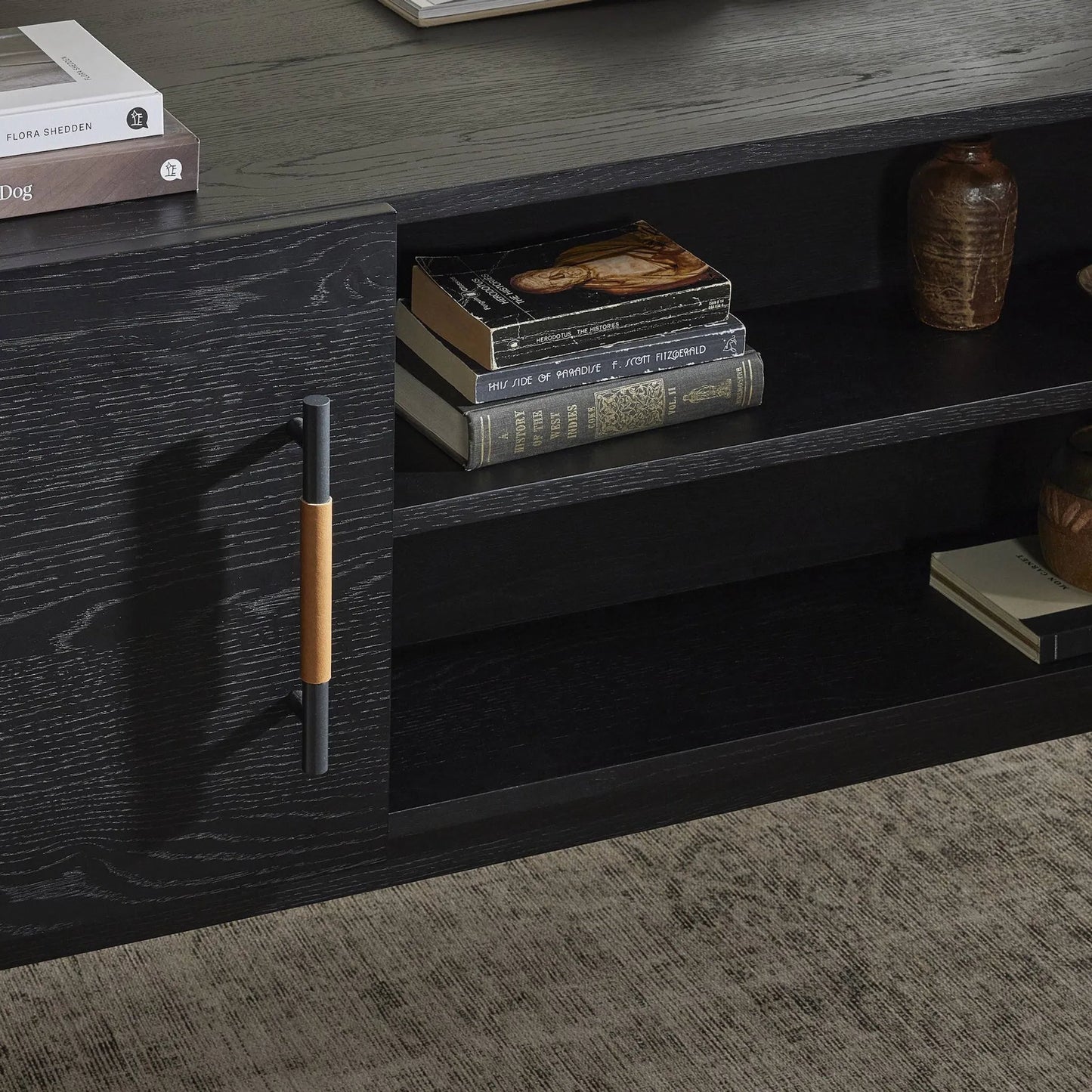 019 SI-2519284 | Closeup | Rosedale Executive Desk by Four Hands. Made from oak veneer, top grain leather, solid oak in a unique style.