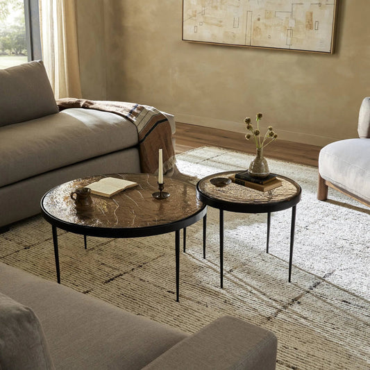 Yoko Nesting Tables by Four Hands in smoked brown cast glass, iron matte black. Made from cast glass, iron in a unique style.
