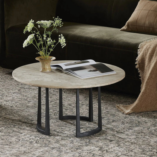 Axtell Coffee Table by Four Hands in lunar marble, hammered gunmetal. Made from solid marble, iron in a transitional style.