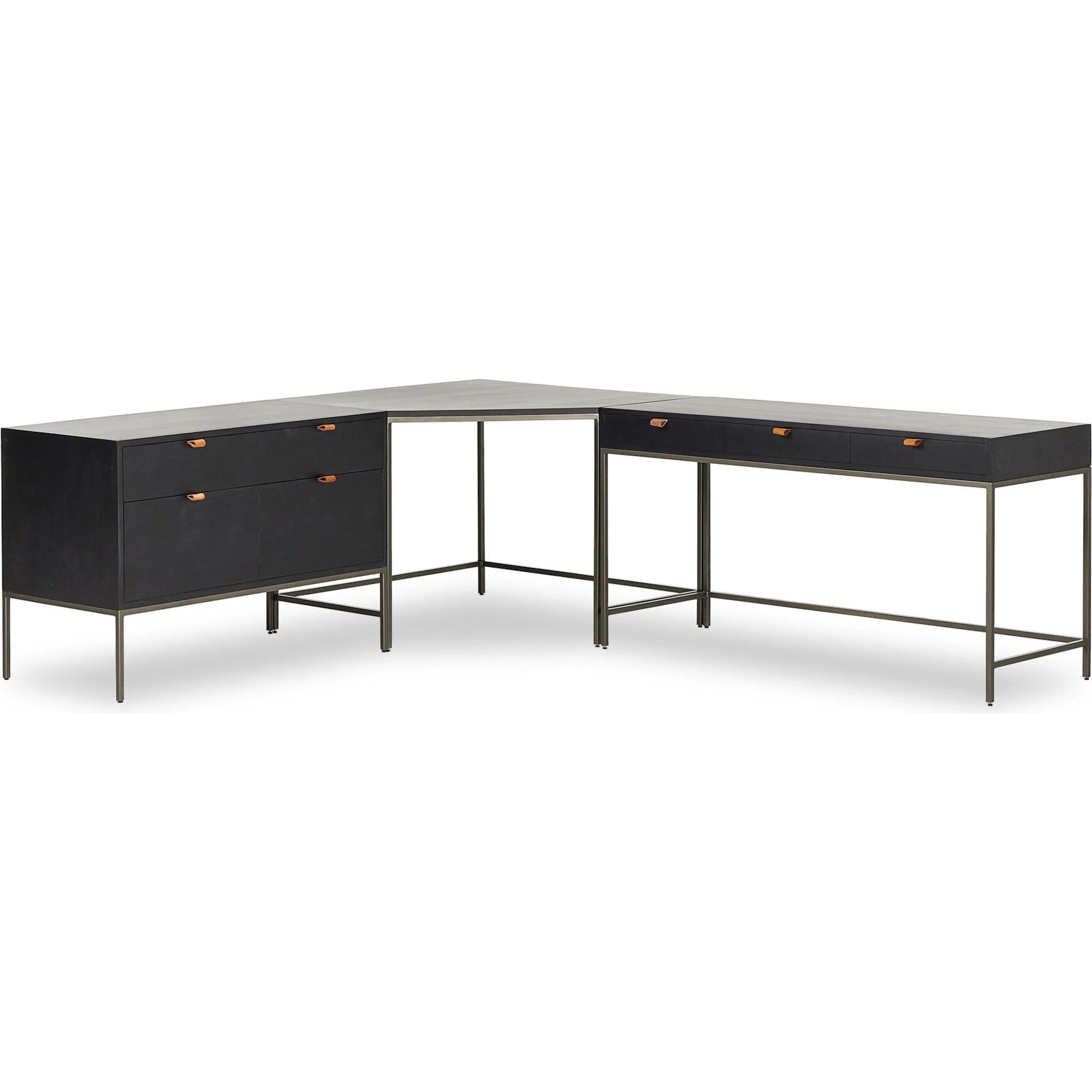 Trey Wide Filing Cabinet Desk System by Four Hands in black wash poplar, toffee leather. Made from solid poplar, top grain leather in a modern style.