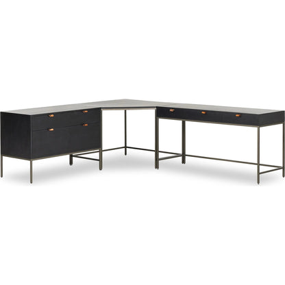 Trey Wide Filing Cabinet Desk System by Four Hands in black wash poplar, toffee leather. Made from solid poplar, top grain leather in a modern style.