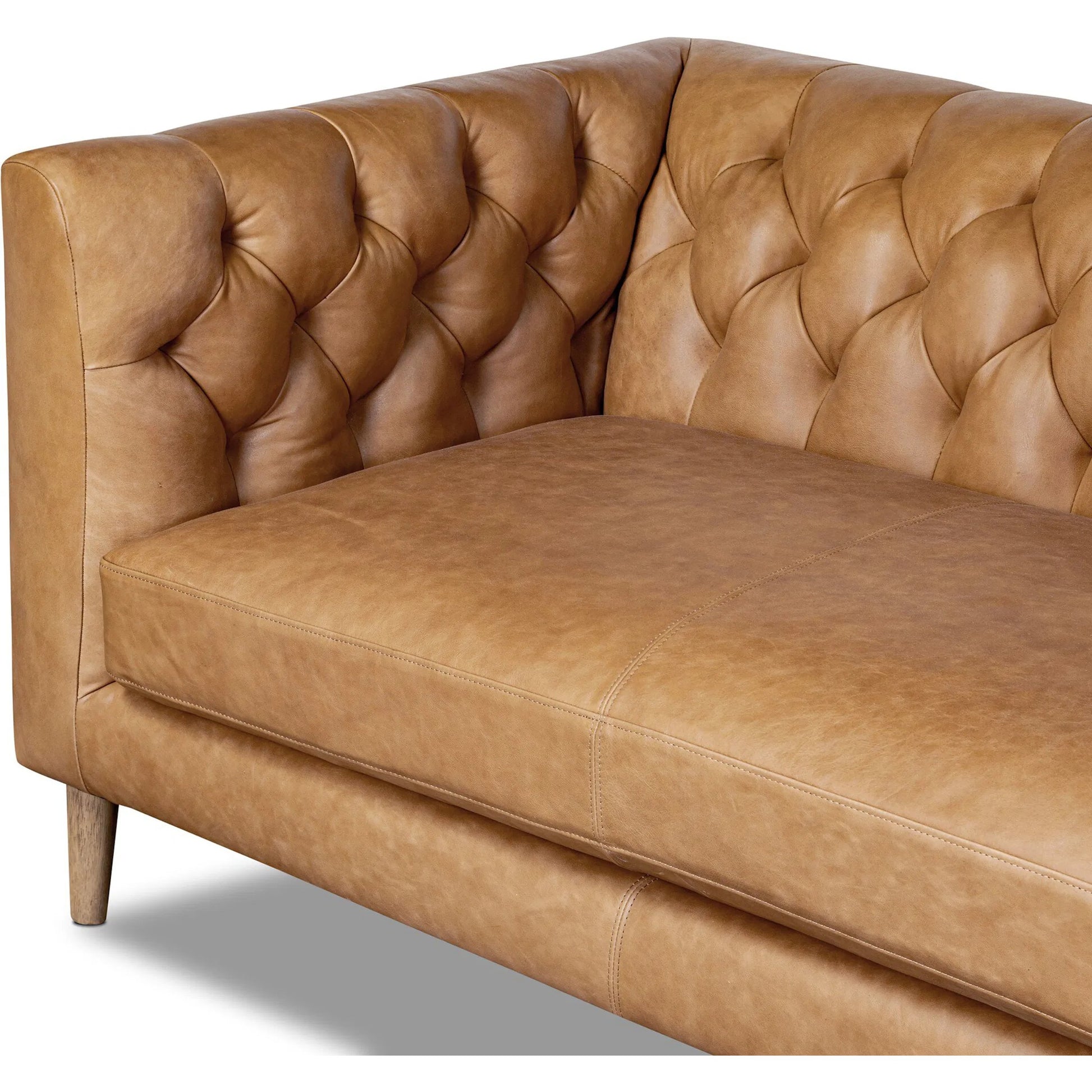 Thurston 2-Piece Sectional by Four Hands in cascara cognac, distressed parawood. Made from top grain leather, solid parawood in a unique style.