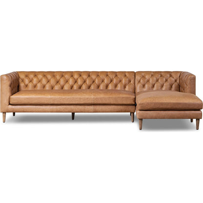 Thurston 2-Piece Sectional by Four Hands in cascara cognac, distressed parawood. Made from top grain leather, solid parawood in a unique style.