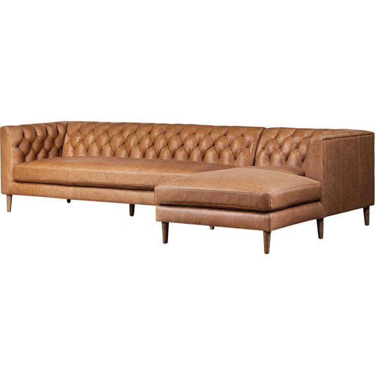 Thurston 2-Piece Sectional by Four Hands in cascara cognac, distressed parawood. Made from top grain leather, solid parawood in a unique style.