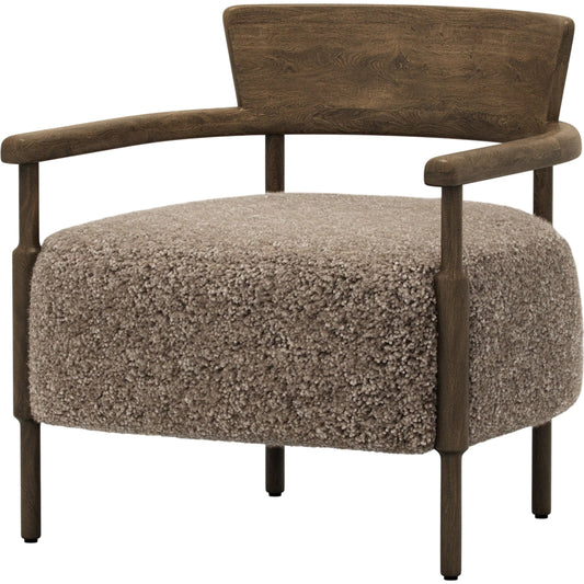 Bennett Chair by Four Hands in taupe shearling, vintage brown oak, vintage brown oak veneer. Made from shearling, solid oak, oak veneer in a transitional style.