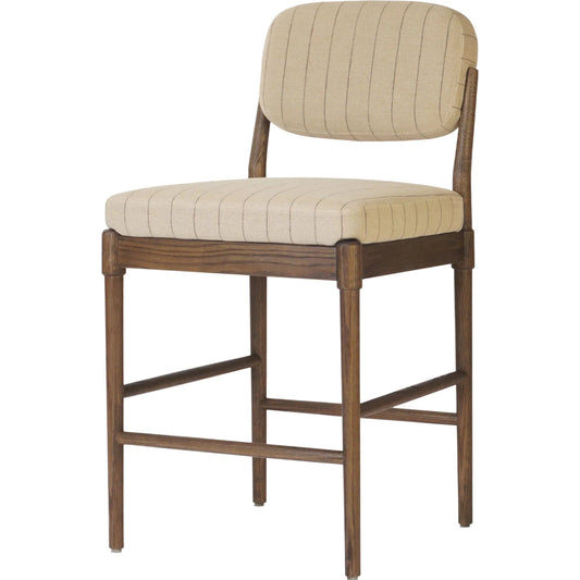 Esther Counter Stool by Four Hands in lavon flint, drifted oak. Made from 80% linen; 20% cotton, solid oak in a transitional style.