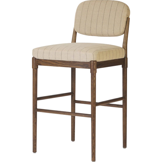 Esther Bar Stool by Four Hands in lavon flint, drifted oak. Made from 80% linen; 20% cotton, solid oak in a transitional style.