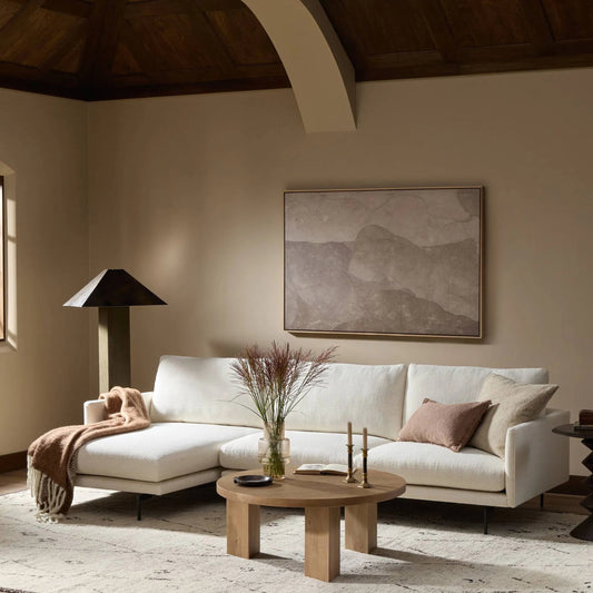 Melle 2-Piece Sectional by Four Hands in omari natural, ebony steel. Made from 79% polyester, 16% viscose (rayon), 5% flax/linen, steel in a transitional style.