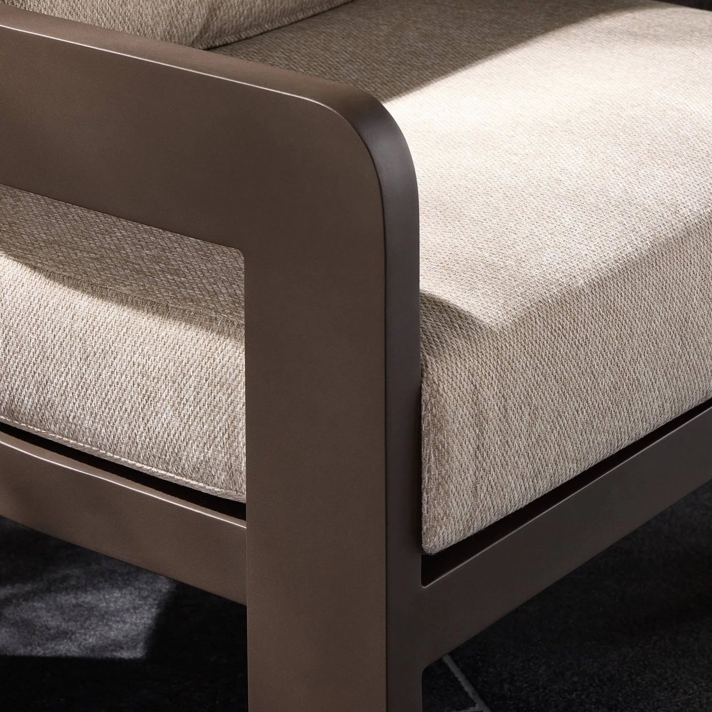 012 SI-2519200 | Closeup | Jackson Outdoor Metal Chair by Four Hands in concha fog, bronze. Made from 100% olefin, aluminum in a unique style.