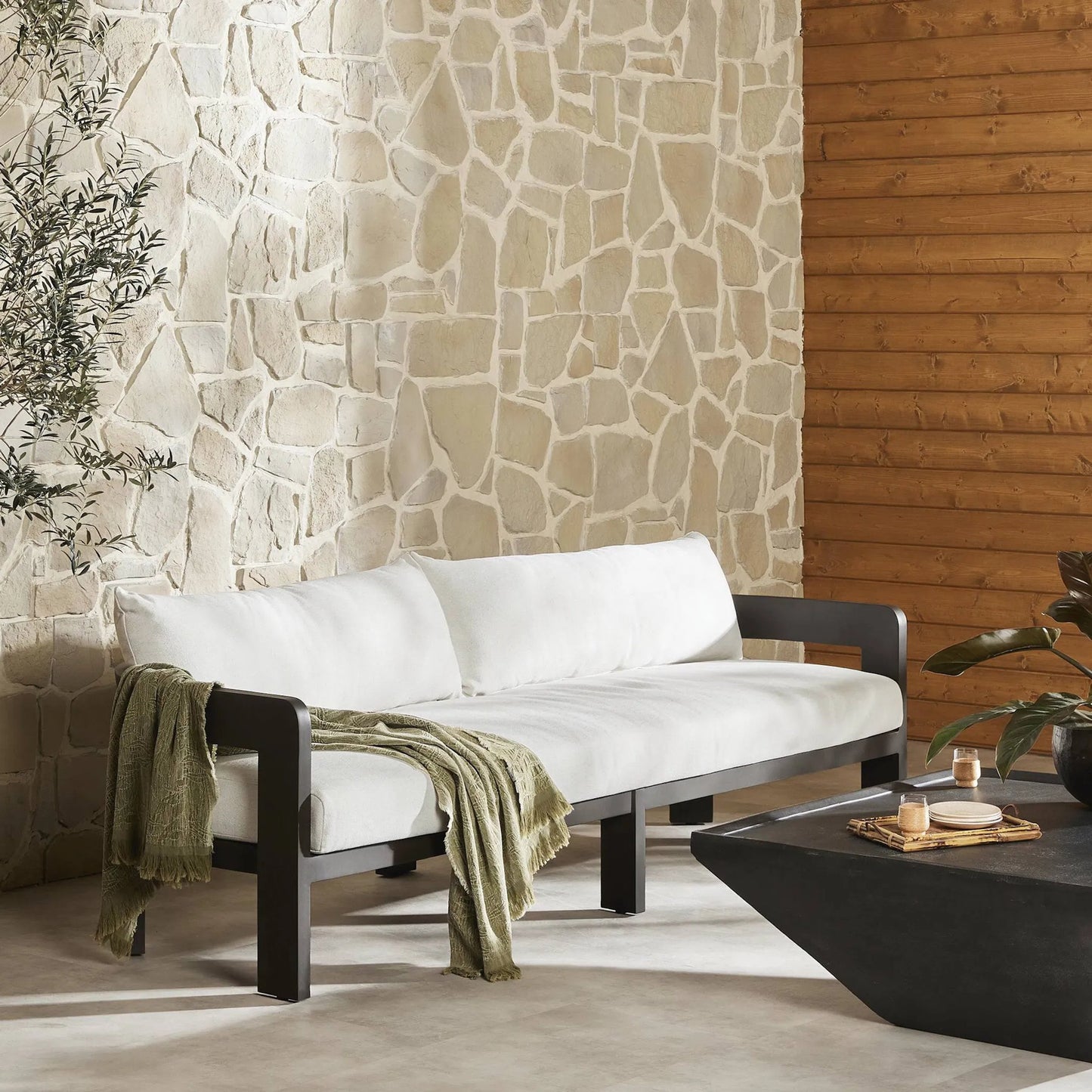 014 SI-2320134 | Lifestyle | Jackson Outdoor Metal Sofa by Four Hands in alessi linen, bronze. Made from 100% polypropylene, aluminum in a modern style.