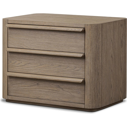 Primrose Nightstand by Four Hands in natural flat oak veneer, natural flat rubberwood. Made from oak veneer, solid parawood in a transitional style.