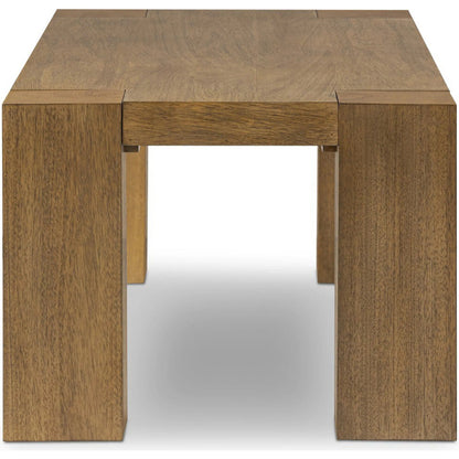 Emeli Rectangular Coffee Table by Four Hands in tawny rubberwood veneer. Made from parawood veneer in a unique style.