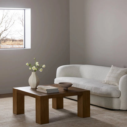 Emeli Square Coffee Table by Four Hands in tawny rubberwood veneer. Made from parawood veneer in a unique style.