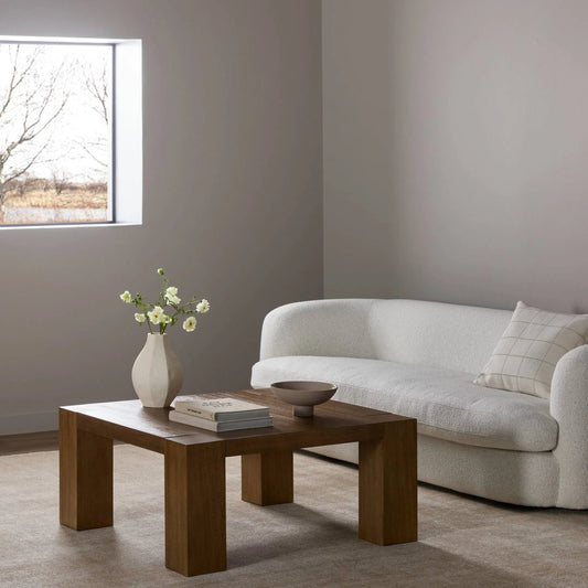 Emeli Square Coffee Table by Four Hands in tawny rubberwood veneer. Made from parawood veneer in a unique style.