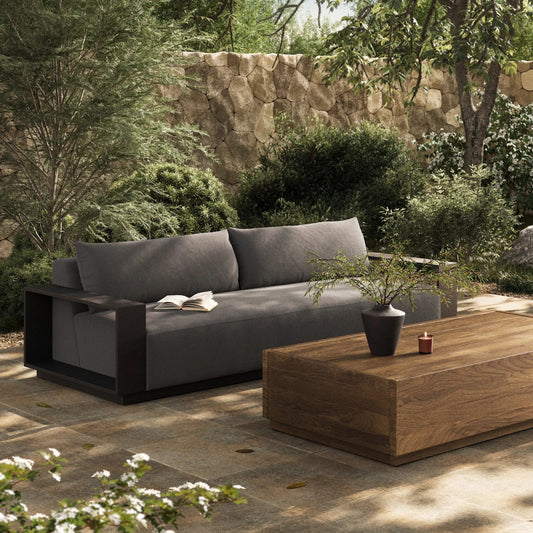 Branford Outdoor Metal Sofa by Four Hands in arashi graphite, bronze. Made from 100% acrylic, aluminum in a modern style.