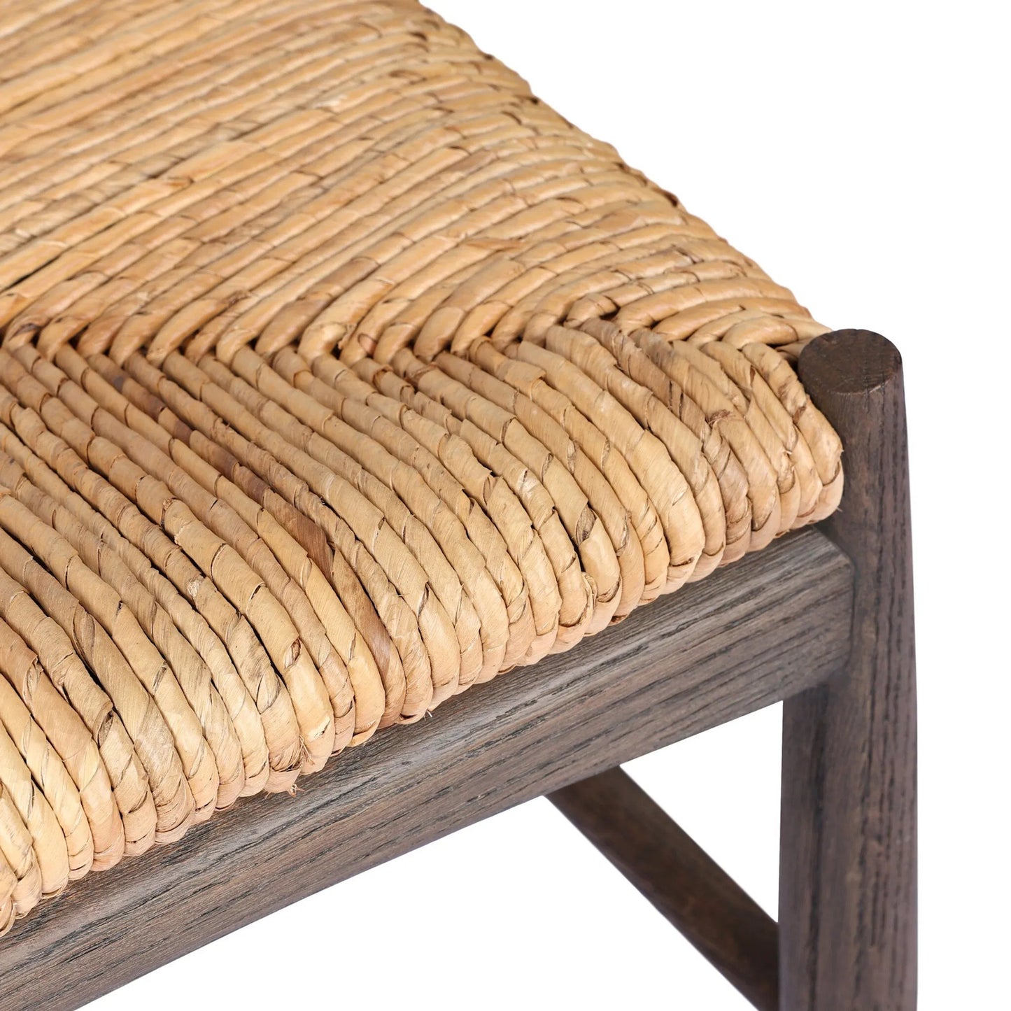 010 SI-2327566 | Closeup | Jovan Dining Chair by Four Hands in stained saddle brown, slight dark bleaching. Made from solid oak, banana leaf in a traditional style.