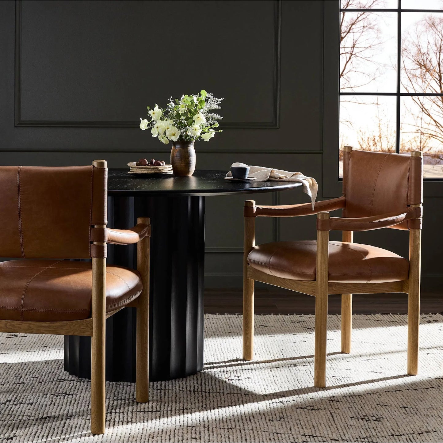 007 SI-2327535 | Lifestyle | Adaline Dining Armchair by Four Hands in sonoma chestnut, natural oak. Made from top grain leather, solid oak in a transitional style.