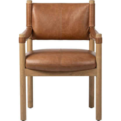 Adaline Dining Armchair by Four Hands in sonoma chestnut, natural oak. Made from top grain leather, solid oak in a transitional style.