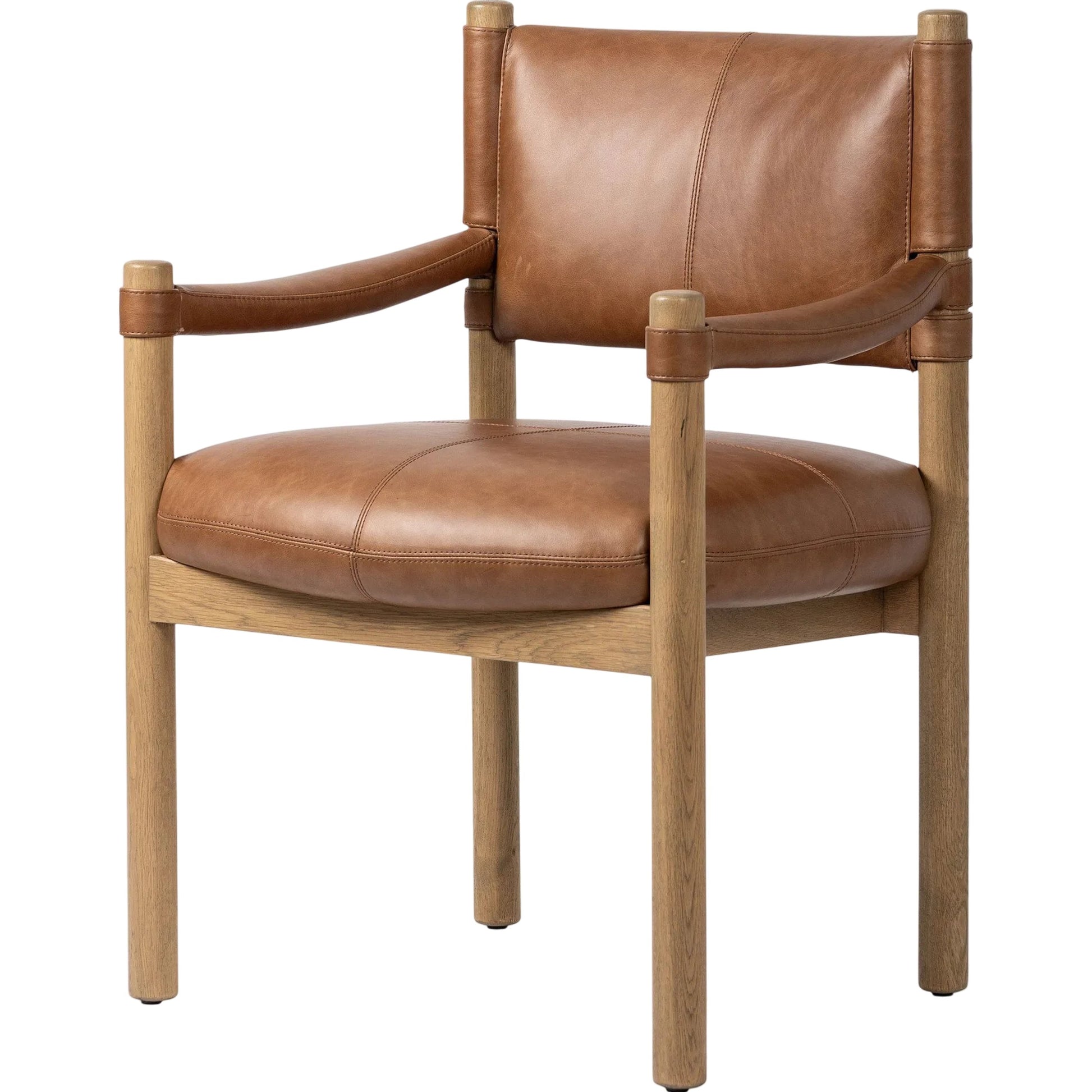 Adaline Dining Armchair by Four Hands in sonoma chestnut, natural oak. Made from top grain leather, solid oak in a transitional style.