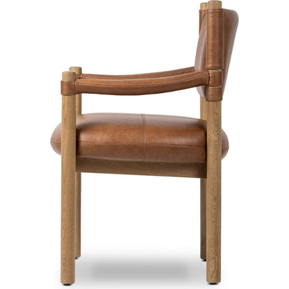 Adaline Dining Armchair by Four Hands in sonoma chestnut, natural oak. Made from top grain leather, solid oak in a transitional style.