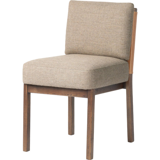 Chappel Dining Chair by Four Hands in alcala taupe, drifted ash, chaps saddle. Made from 70% polyester, 20% viscose (rayon), 10% flax/linen, solid ash, top grain leather in a transitional style.