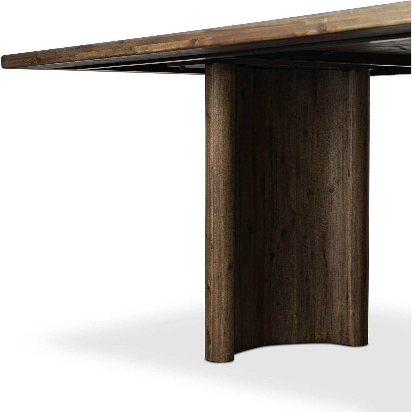 009 SI-2531679 | Closeup | Pershing Dining Table by Four Hands in weathered acacia veneer. Made from thick acacia veneer, solid acacia in a unique style.