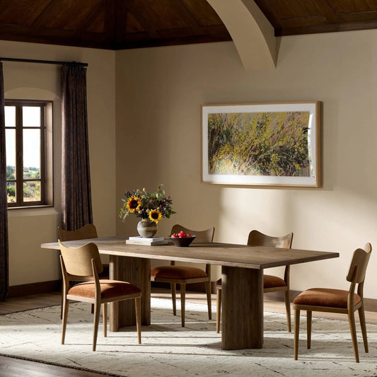 Pershing Dining Table by Four Hands in weathered acacia veneer. Made from thick acacia veneer, solid acacia in a unique style.