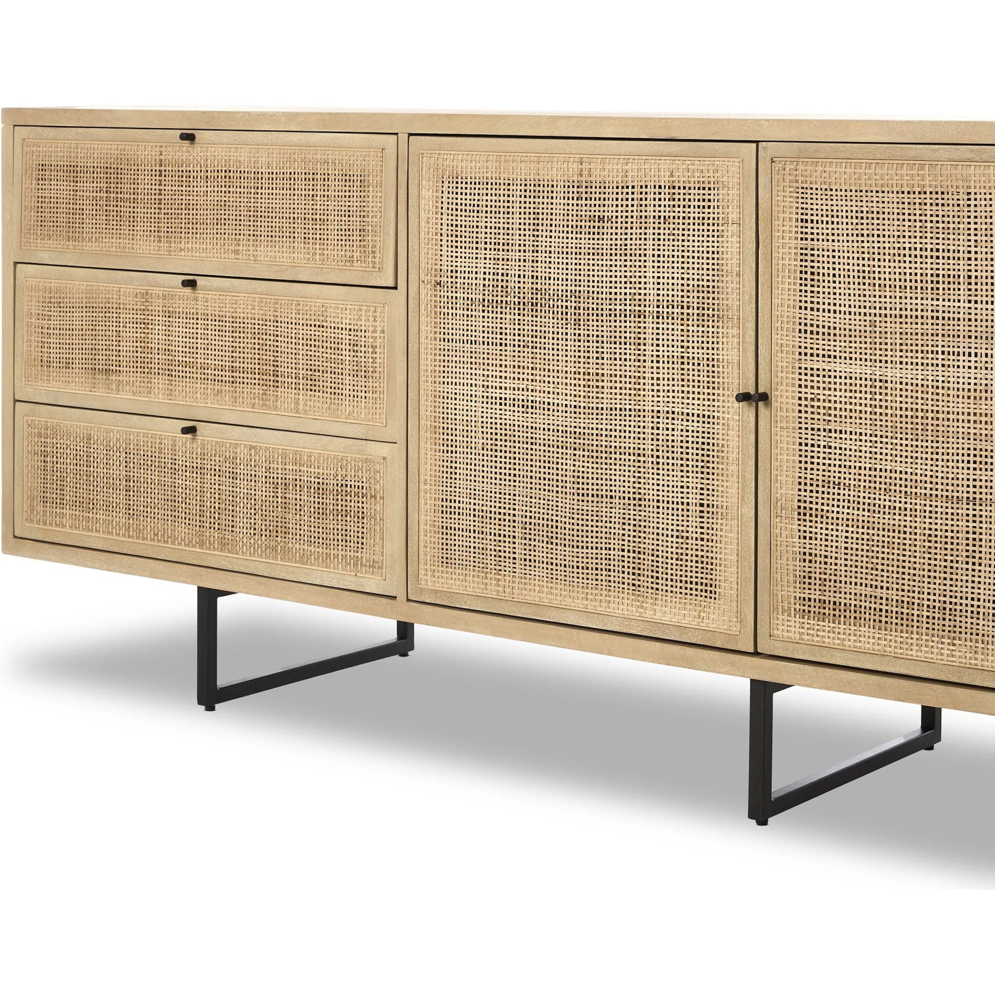 Carmel Sideboard 96" by Four Hands in natural cane, natural mango, charcoal grey. Made from cane, solid mango, iron in a transitional style.