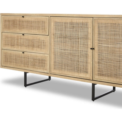 Carmel Sideboard 96" by Four Hands in natural cane, natural mango, charcoal grey. Made from cane, solid mango, iron in a transitional style.
