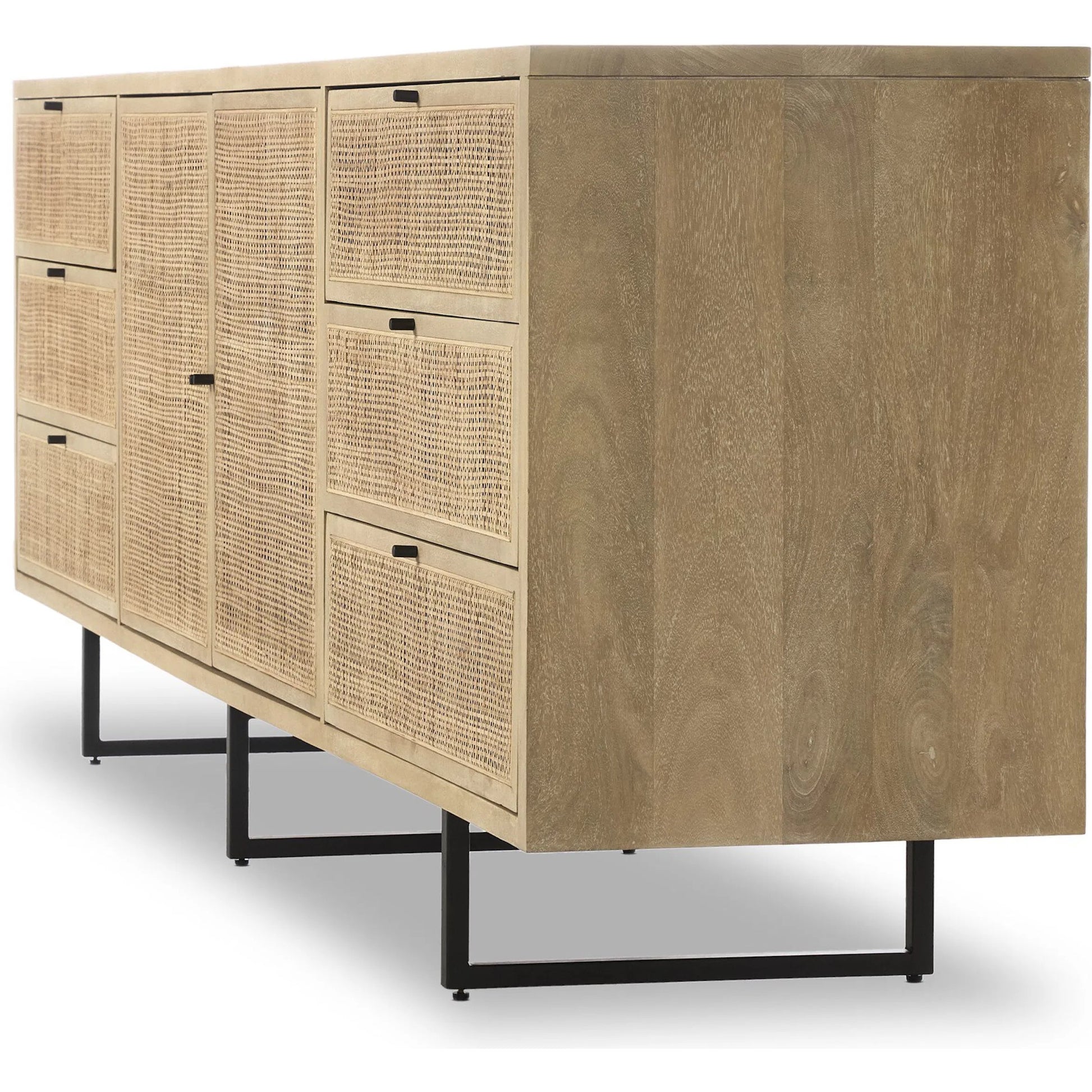 Carmel Sideboard 96" by Four Hands in natural cane, natural mango, charcoal grey. Made from cane, solid mango, iron in a transitional style.