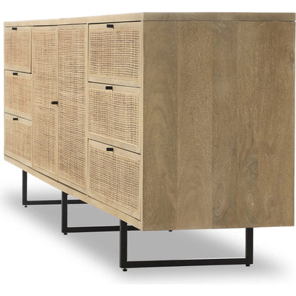 Carmel Sideboard 96" by Four Hands in natural cane, natural mango, charcoal grey. Made from cane, solid mango, iron in a transitional style.