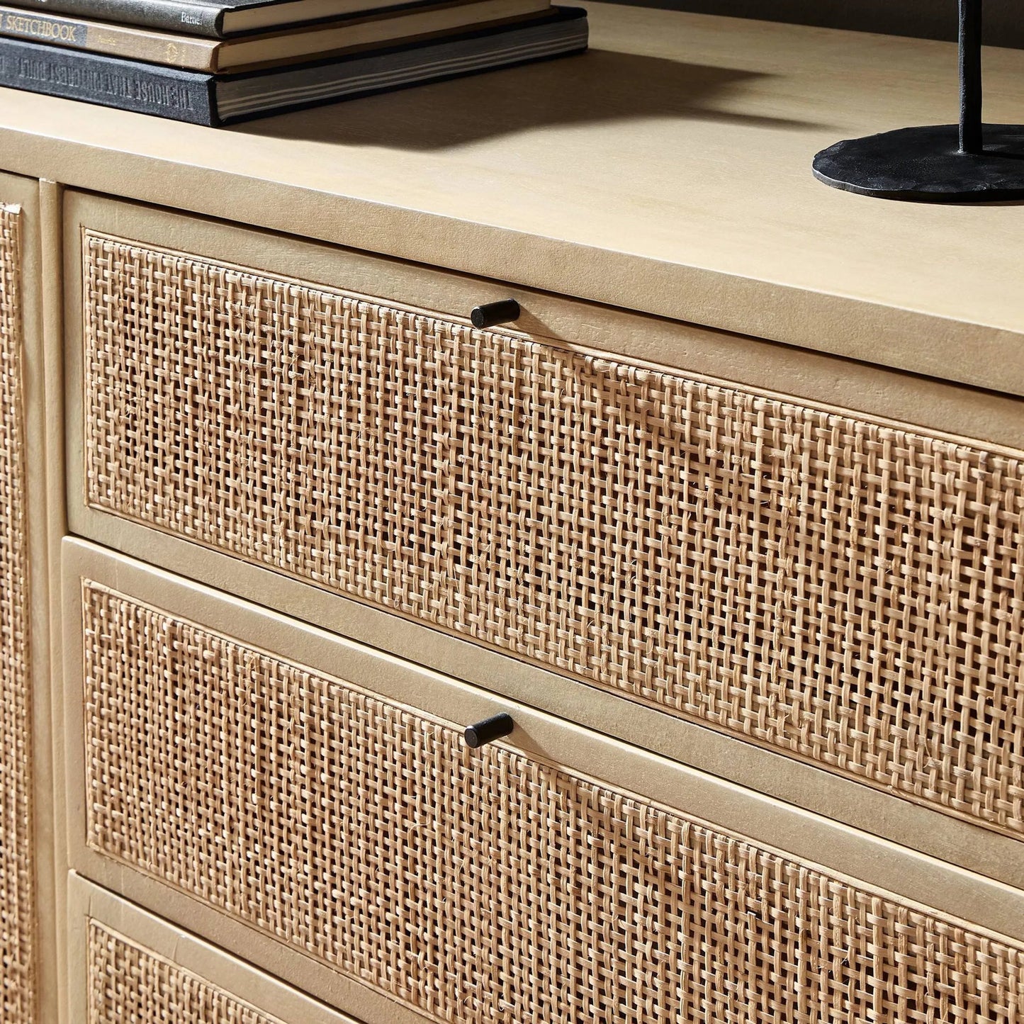 015 SI-2534861 | Closeup | Carmel Sideboard 96" by Four Hands in natural cane, natural mango, charcoal grey. Made from cane, solid mango, iron in a transitional style.