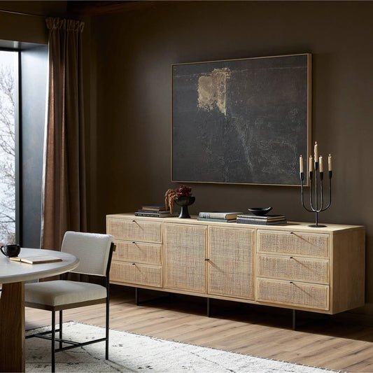 Carmel Sideboard 96" by Four Hands in natural cane, natural mango, charcoal grey. Made from cane, solid mango, iron in a transitional style.