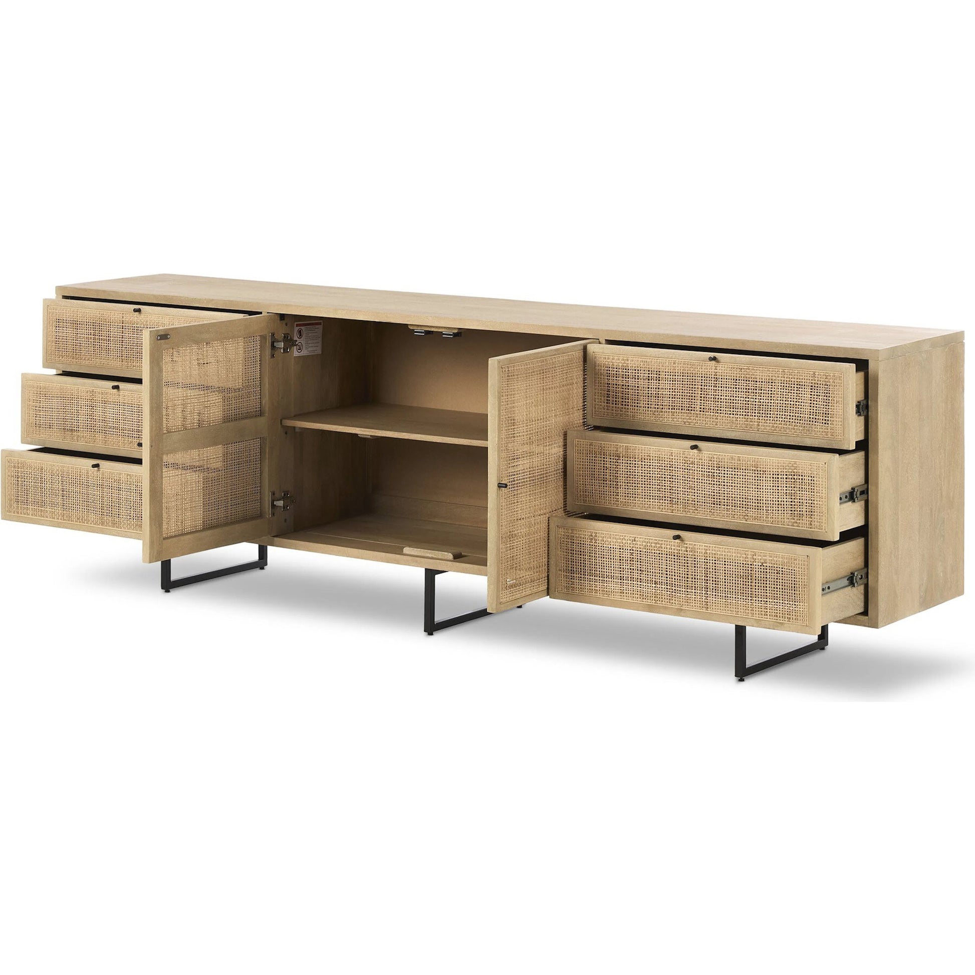 Carmel Sideboard 96" by Four Hands in natural cane, natural mango, charcoal grey. Made from cane, solid mango, iron in a transitional style.