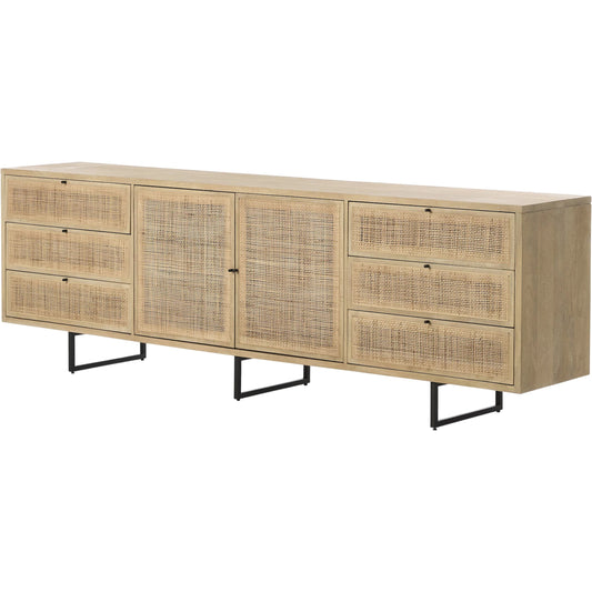Carmel Sideboard 96" by Four Hands in natural cane, natural mango, charcoal grey. Made from cane, solid mango, iron in a transitional style.