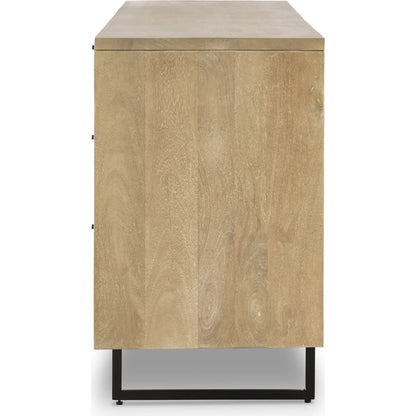 Carmel Sideboard 96" by Four Hands in natural cane, natural mango, charcoal grey. Made from cane, solid mango, iron in a transitional style.