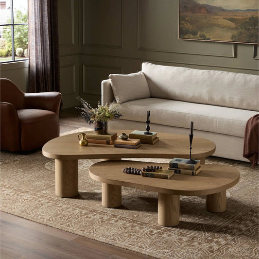 Joji Nesting Coffee Tables by Four Hands in natural oak veneer, natural oak solid, natural maple plywood. Made from thick oak veneer, solid oak, light maple veneer in a transitional style.