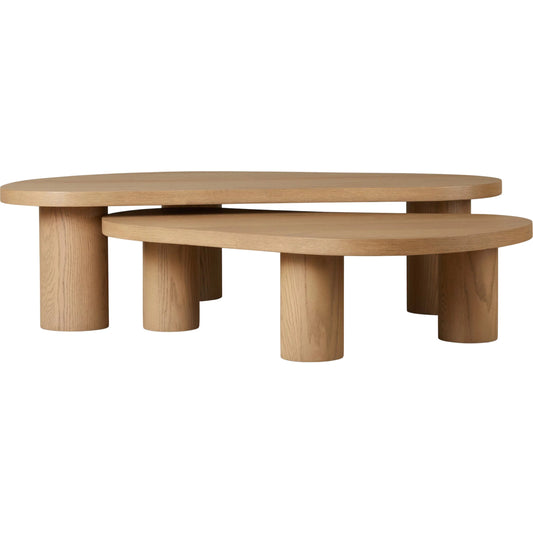 Joji Nesting Coffee Tables by Four Hands in natural oak veneer, natural oak solid, natural maple plywood. Made from thick oak veneer, solid oak, light maple veneer in a transitional style.
