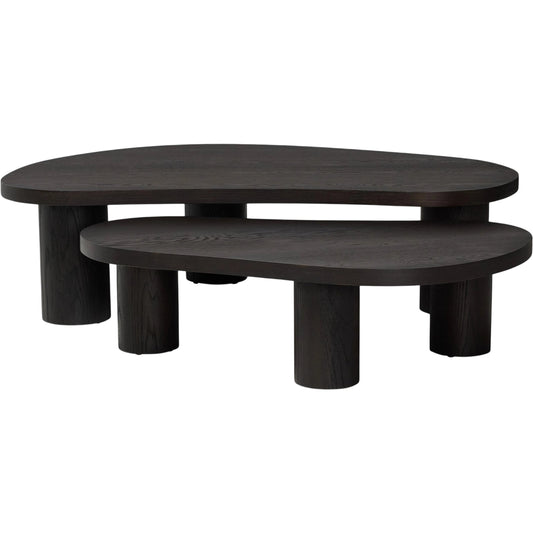 Joji Nesting Coffee Tables by Four Hands in aged black, aged black oak solid, aged black maple veneer. Made from thick oak veneer, solid oak, light maple veneer in a transitional style.