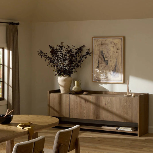 Rosalina Sideboard by Four Hands in warm oak resawn, warm oak veneer. Made from resawn oak veneer in a unique style.