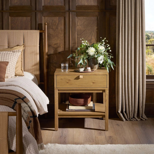Tula Nightstand by Four Hands in worn oak veneer, palermo drift. Made from thick oak veneer, top grain leather in a unique style.