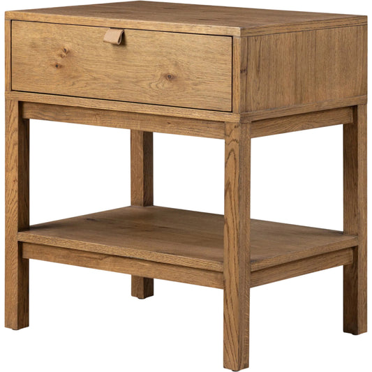 Tula Nightstand by Four Hands in worn oak veneer, palermo drift. Made from thick oak veneer, top grain leather in a unique style.