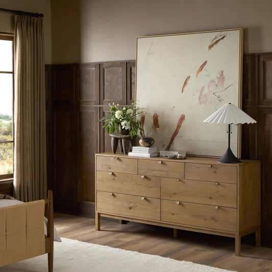 Tula 7 Drawer Dresser by Four Hands in worn oak veneer, palermo drift. Made from thick oak veneer, top grain leather, solid oak in a unique style.