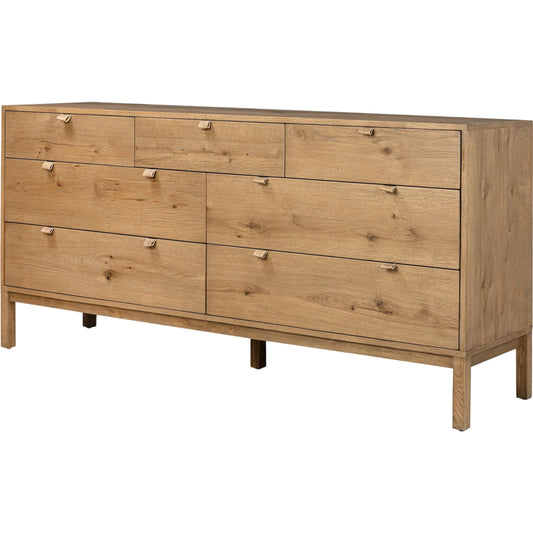 Tula 7 Drawer Dresser by Four Hands in worn oak veneer, palermo drift. Made from thick oak veneer, top grain leather, solid oak in a unique style.