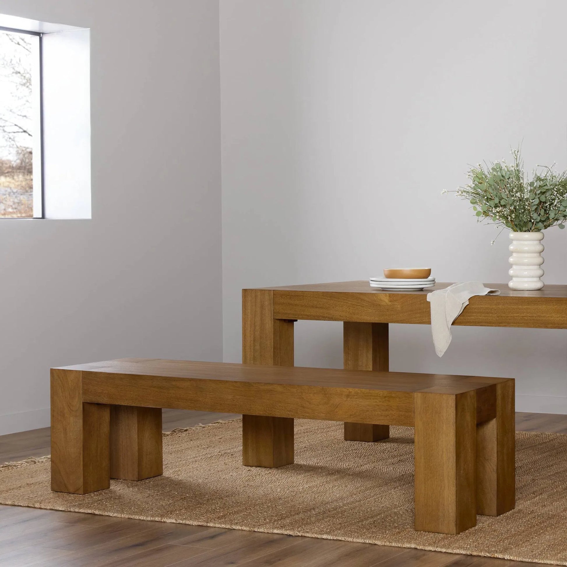 Emeli Dining Bench by Four Hands in tawny rubberwood veneer. Made from parawood veneer in a unique style.