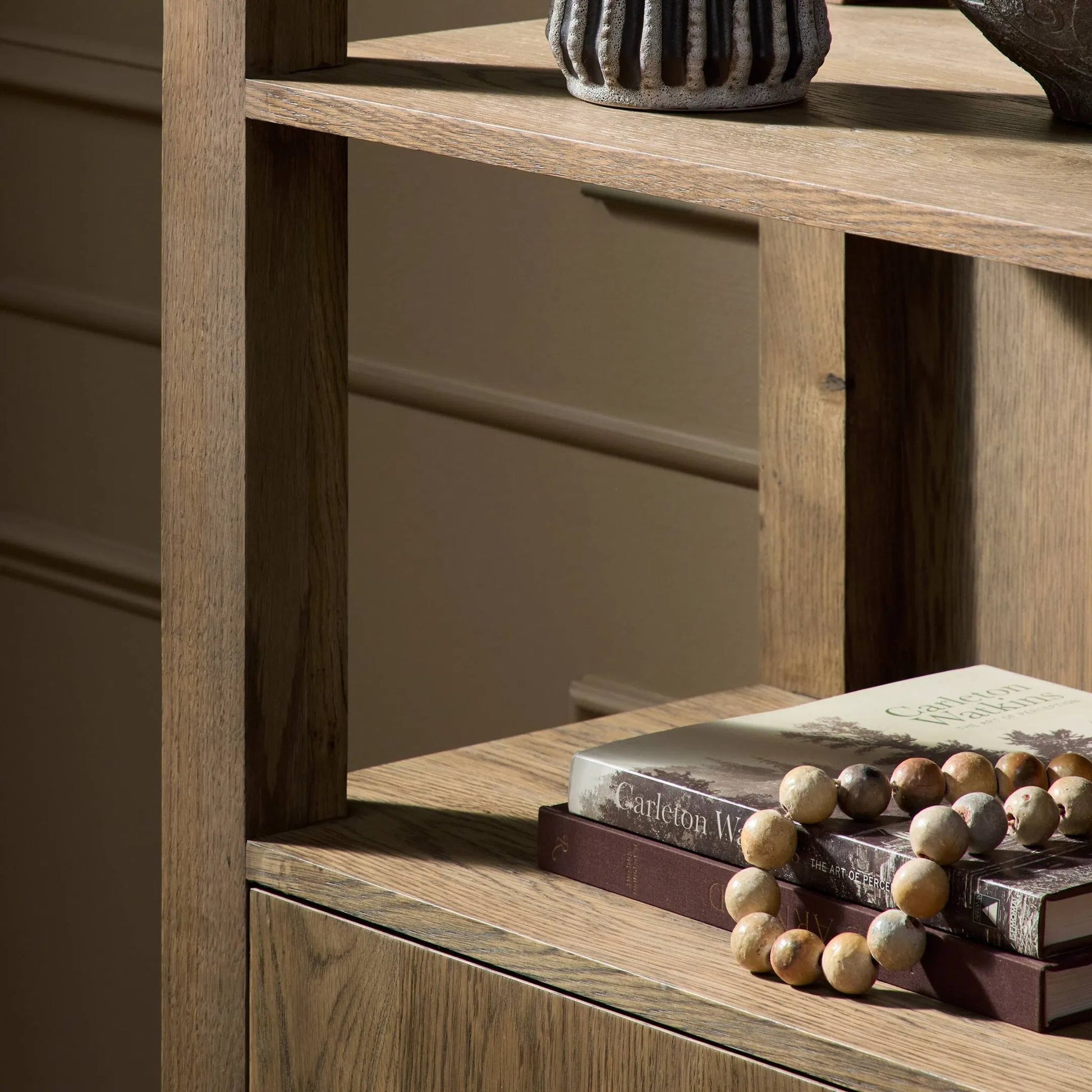 Bedford Bookcase by Four Hands in warm natural oak, warm natural oak veneer. Made from solid oak, thick oak veneer in a unique style.