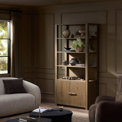 Bedford Bookcase by Four Hands in warm natural oak, warm natural oak veneer. Made from solid oak, thick oak veneer in a unique style.