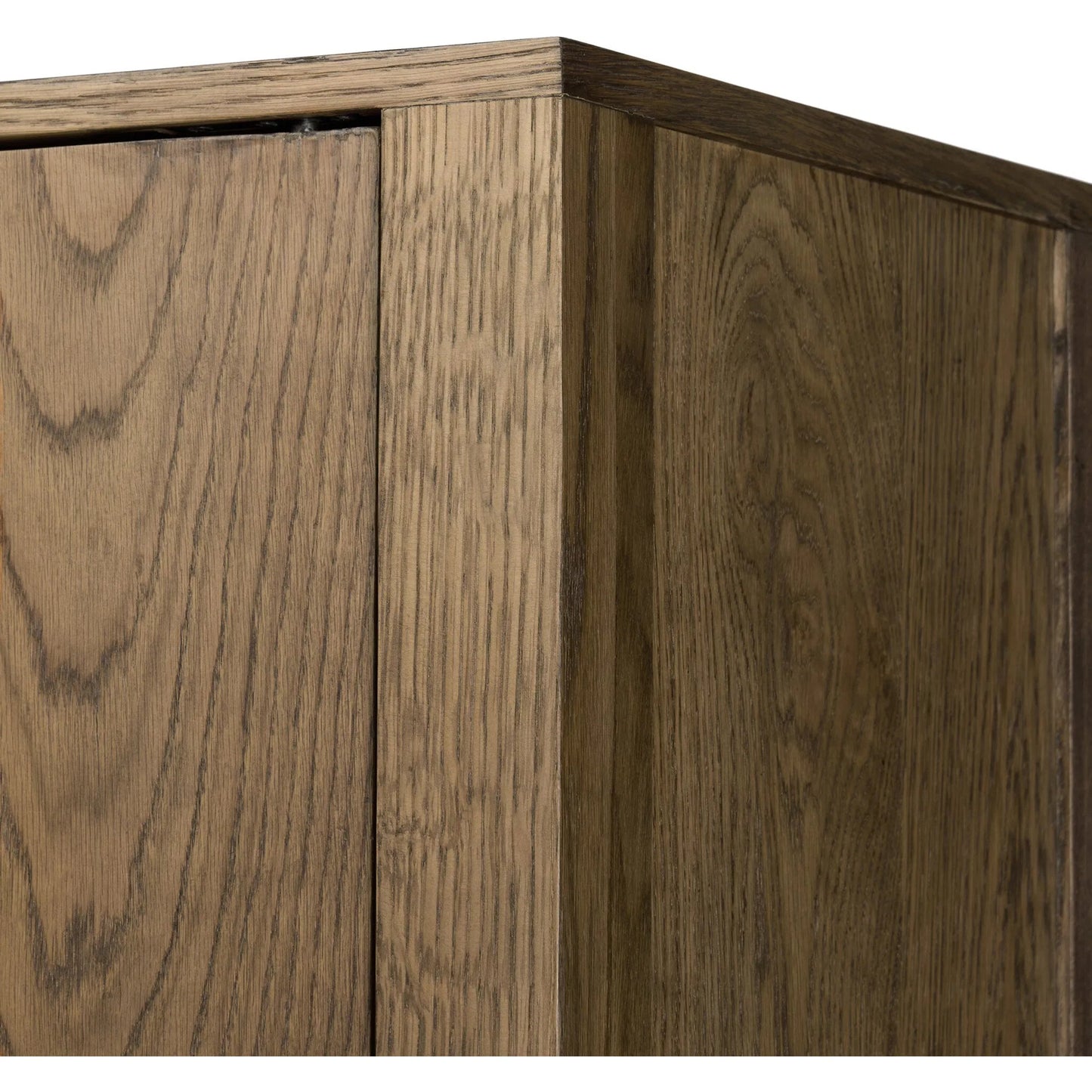 008 SI-2635275 | Closeup | Bedford Cabinet by Four Hands in warm natural oak veneer, gunmetal. Made from thick oak veneer, solid oak, iron in a unique style.