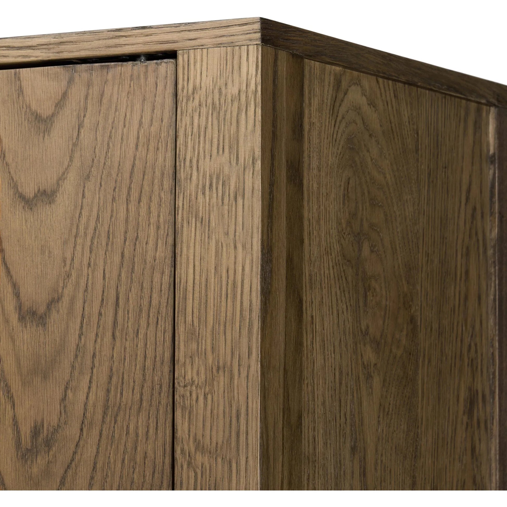 Bedford Cabinet by Four Hands in warm natural oak veneer, gunmetal. Made from thick oak veneer, solid oak, iron in a unique style.